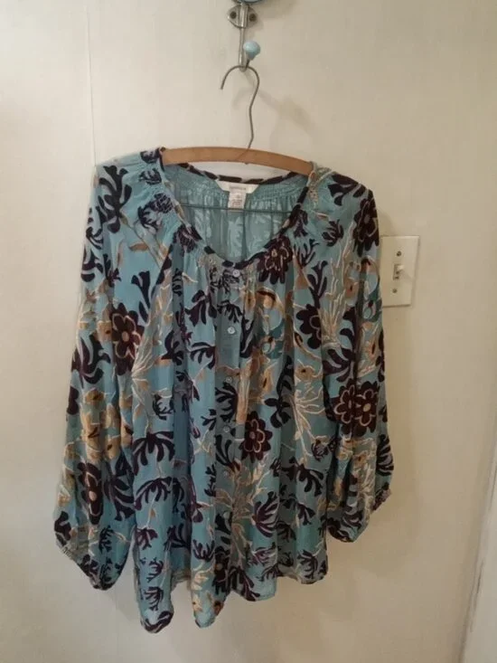 Sundance Sz L sheer turquoise with velvet pattern Blouse - Picture 2 of 6
